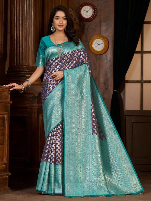 women's self design navy blue colored saree with blouse - 20131228 - Very Small Image - 1