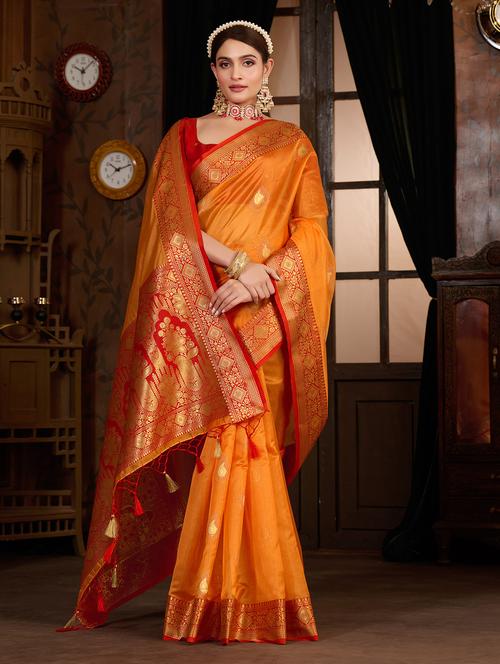 women's self design orange colored saree with blouse - 20131386 - Very Small Image - 1