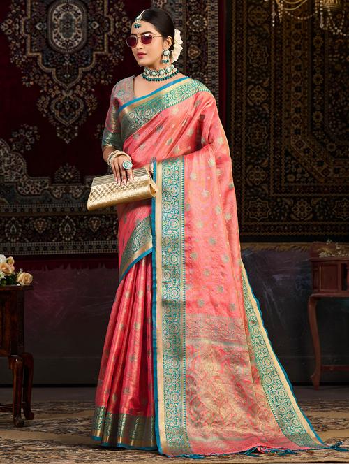 women's self design pink colored saree with blouse - 20131390 - Very Small Image - 1