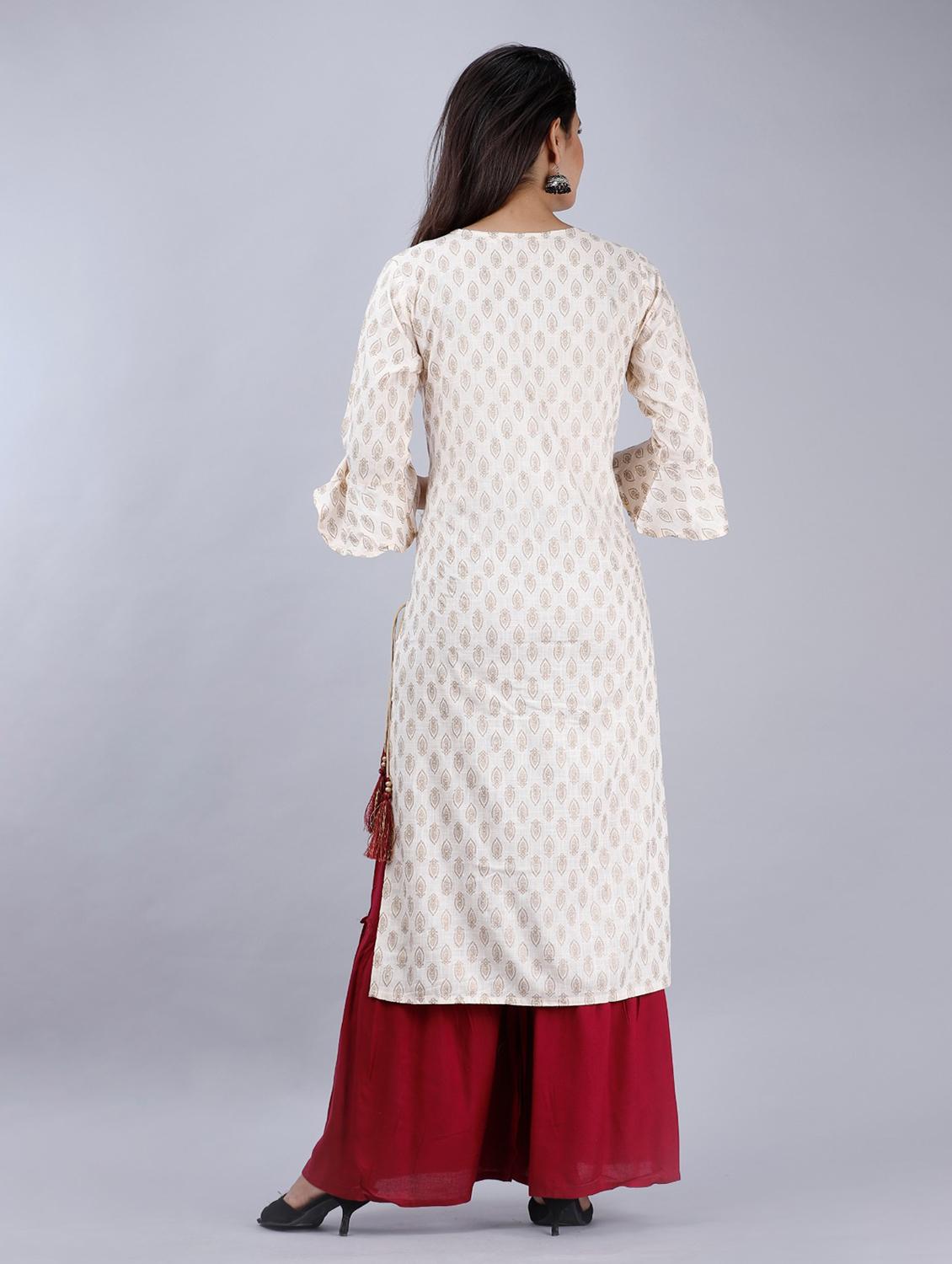 white printed three quarter sleeve kurta sharara set - 20132908 - Zoom Image - 3