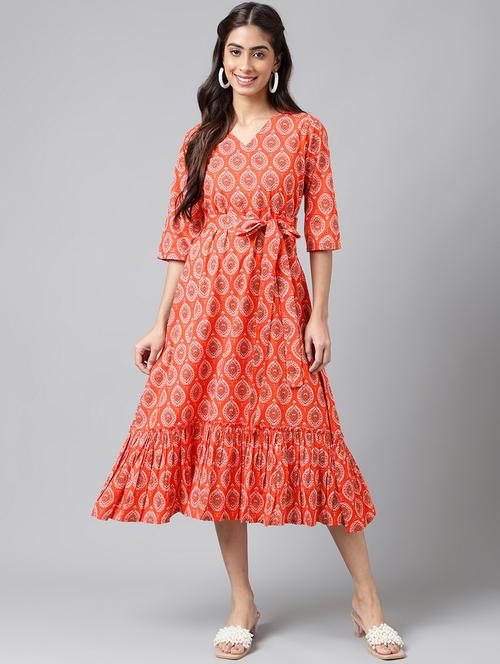 orange v-neck ruffle dress - 20133086 - Very Small Image - 1
