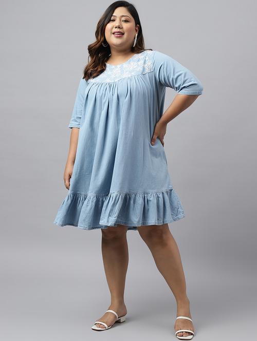 blue three quarter sleeve with ruffle hem a-line dress - 20133097 - Very Small Image - 1