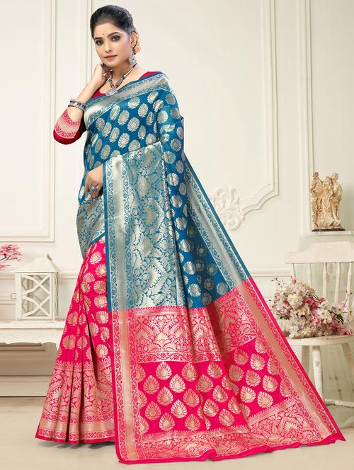 blue banarasi saree with zari work with blouse - 20133580 - Very Small Image - 1