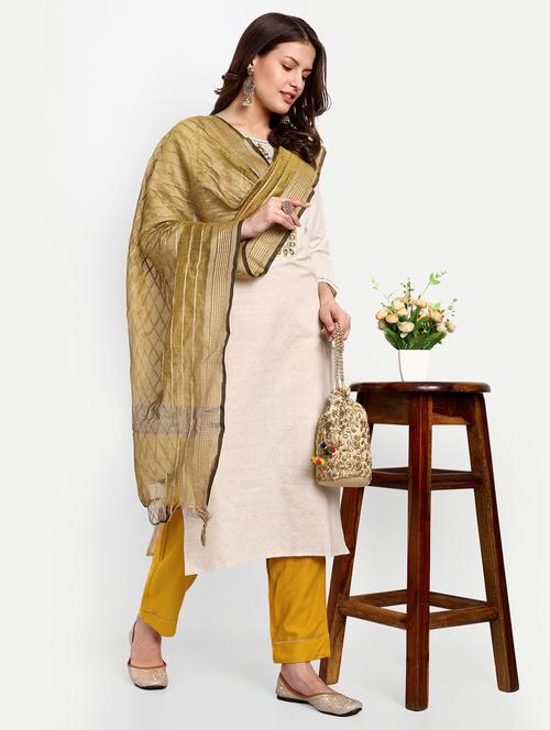 cream self design kurta pant set with dupatta   - 20136648 - Very Small Image - 1