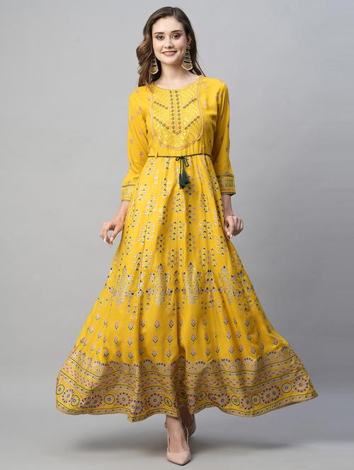 yellow printed a-line ethnic dress - 20136805 - Very Small Image - 1