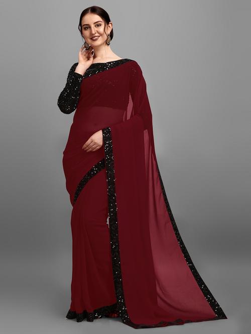 women's bordered maroon colored saree with blouse - 20136896 - Very Small Image - 1