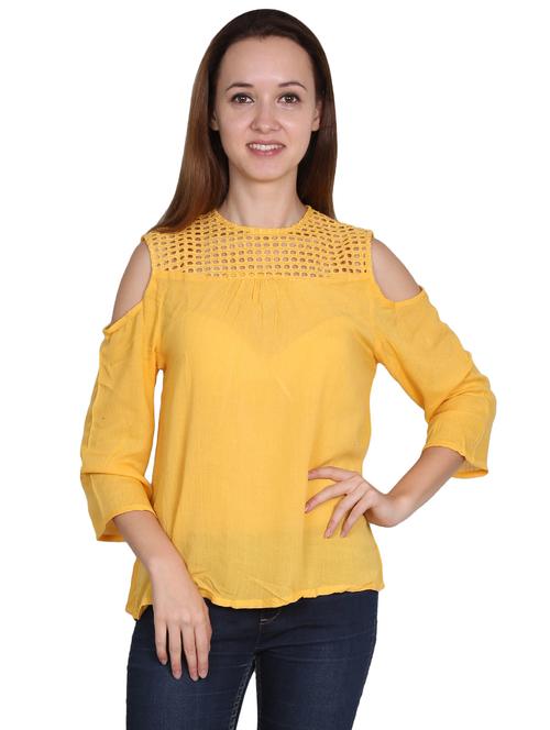 yellow self designed cold shoulder regular top - 20150292 - Very Small Image - 1
