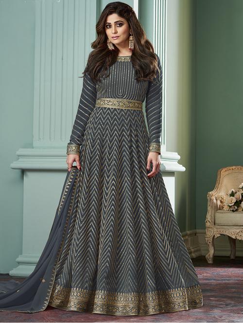 embroidered semi-stitched anarkali suit set - 20152547 - Very Small Image - 1