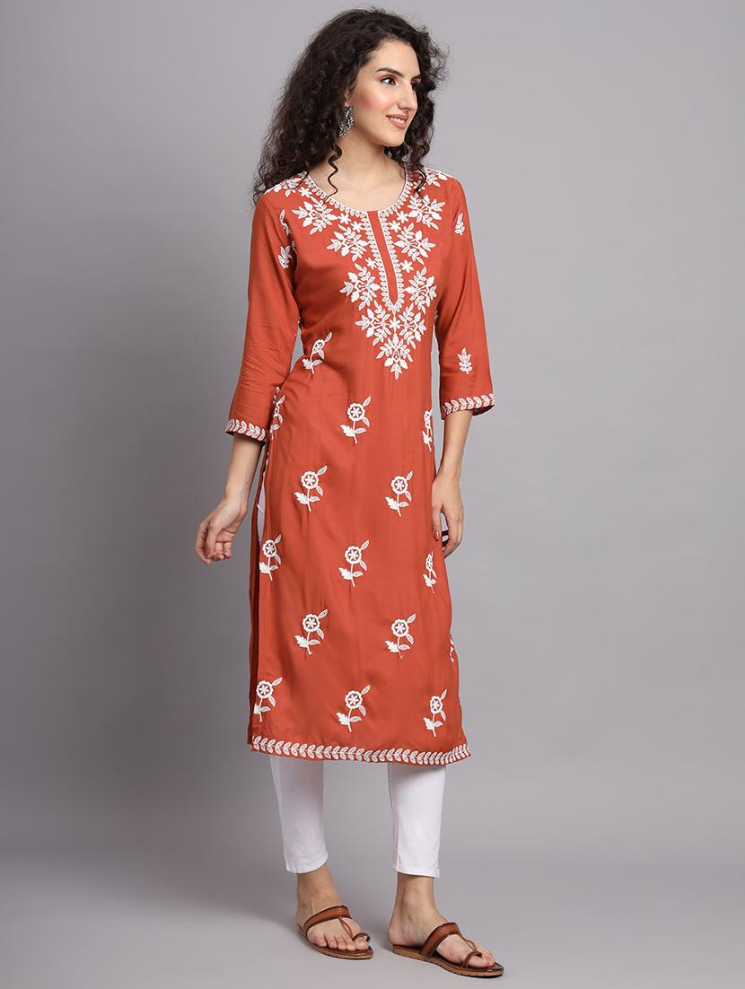 round neck embroidered straight kurta - 20152879 - Standard Image - 3