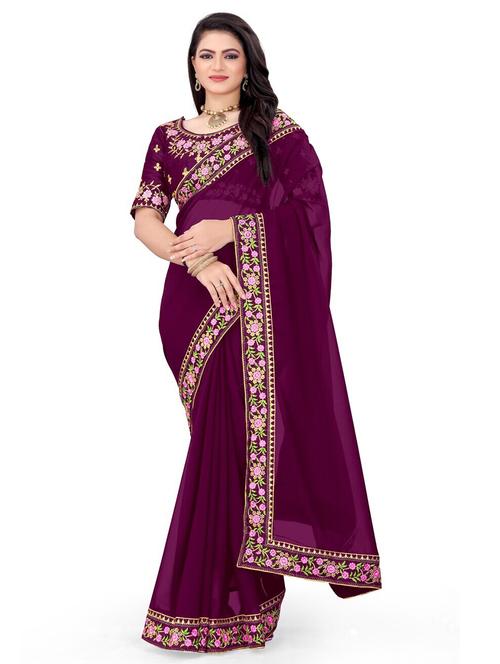 lace bordered solid saree with blouse  - 20153905 - Very Small Image - 1