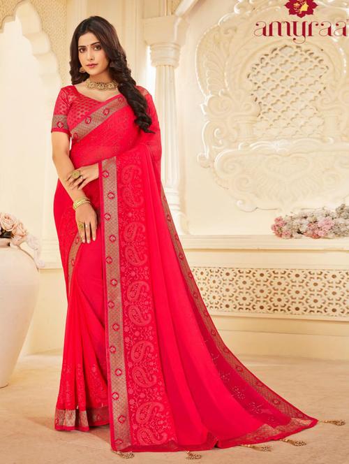 red embroidered half and half saree with blouse - 20156489 - Very Small Image - 1