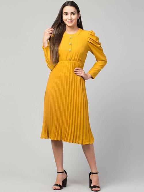 yellow solid puff sleeves a-line back tie up dress - 20156666 - Very Small Image - 1