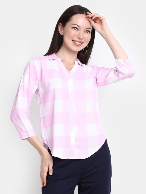 pink checkered mandarin neck regular shirt - 20157743 - Very Small Image - 1