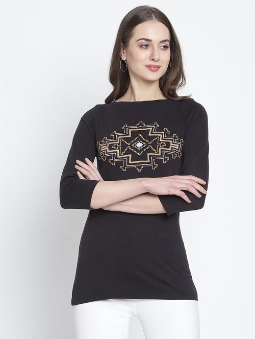 women's chest print round neck t-shirt - 20159385 - Very Small Image - 1