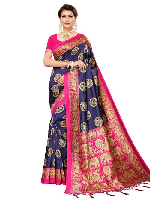 women's self design navy blue colored saree with blouse - 20163246 - Very Small Image - 1