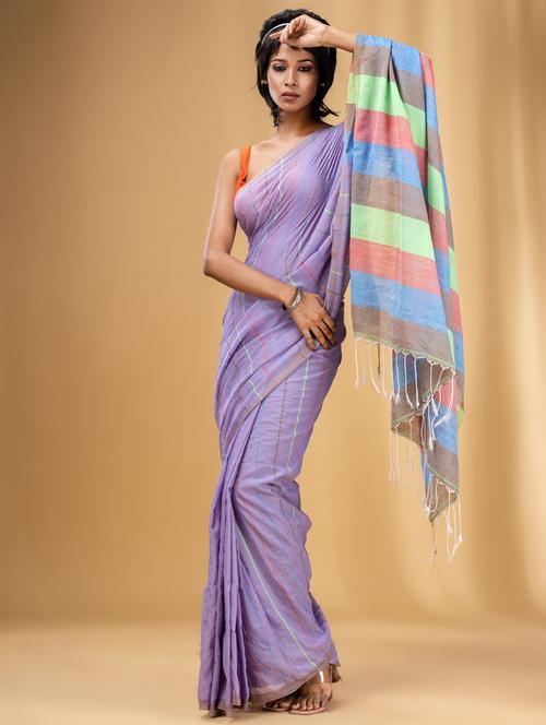 women's stripes lavender colored saree with blouse - 20163537 - Very Small Image - 1