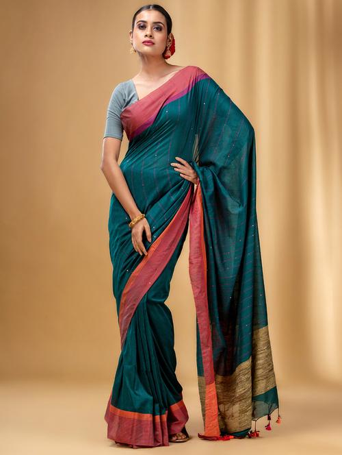 women's self design teal colored saree with blouse - 20163548 - Very Small Image - 1