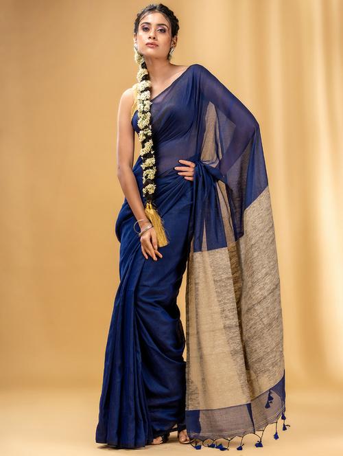 women's self design navy blue colored saree with blouse - 20163575 - Very Small Image - 1