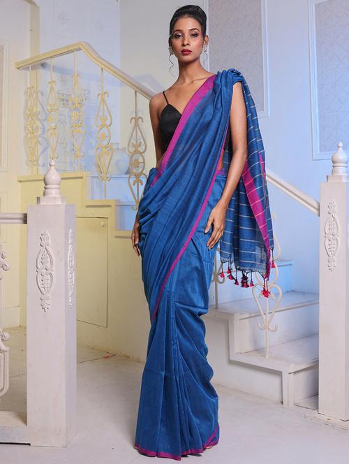 women's solid blue colored saree with blouse - 20163681 - Very Small Image - 1