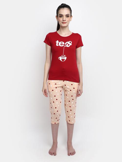 red round neck printed nightwear set - 20163892 - Very Small Image - 1