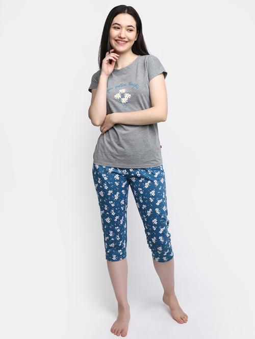 grey round neck printed nightwear set - 20163896 - Very Small Image - 1
