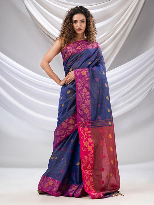 women's floral blue colored saree with blouse - 20167134 - Very Small Image - 1