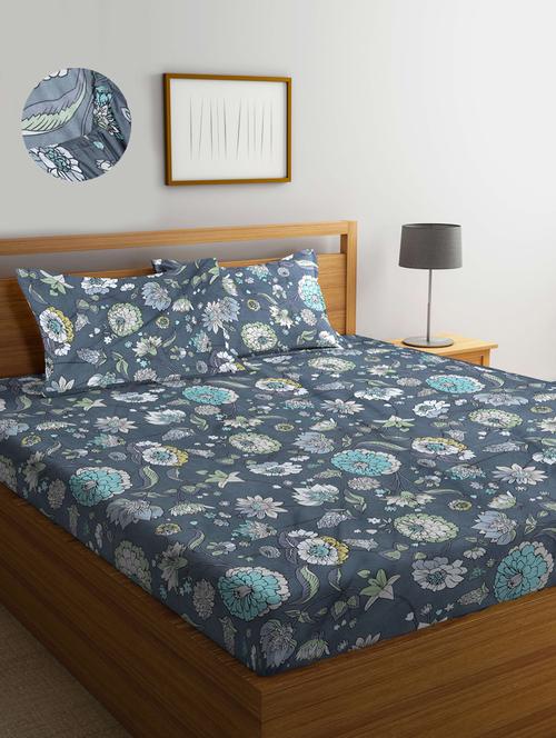 cotton printed fitted double bedsheet with 2 pillow covers - 20168235 - Very Small Image - 1