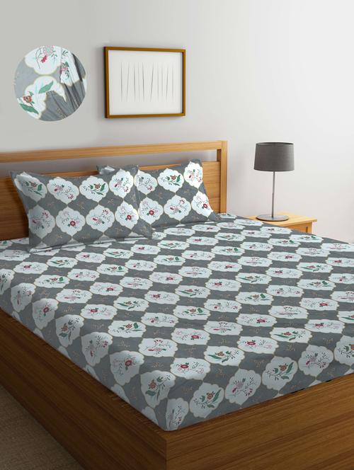 cotton printed fitted double bedsheet with 2 pillow covers - 20168248 - Very Small Image - 1