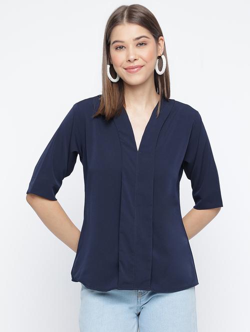 navy blue solid v neck regular fit top - 20168450 - Very Small Image - 1
