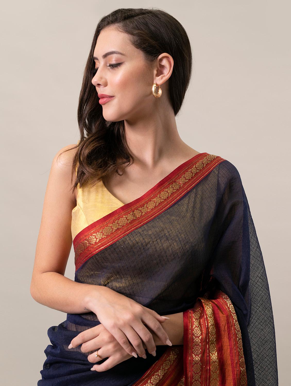 women's self design navy blue colored saree with blouse - 20168706 - Standard Image - 3