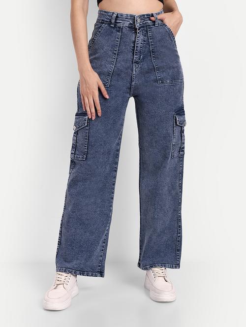 women plain blue cargos - 20169576 - Very Small Image - 1