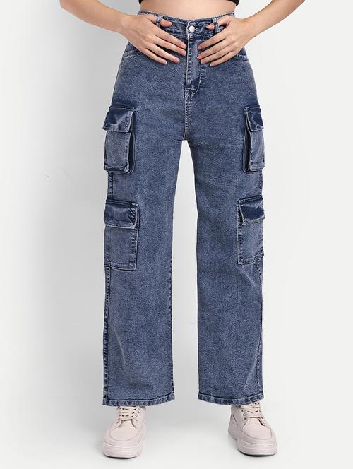 women plain blue cargos - 20169591 - Very Small Image - 1