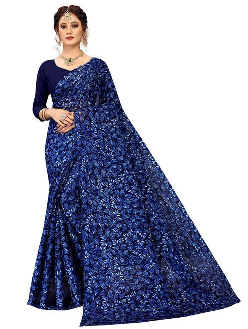 women's printed blue colored saree with blouse - 20169785 - Very Small Image - 1