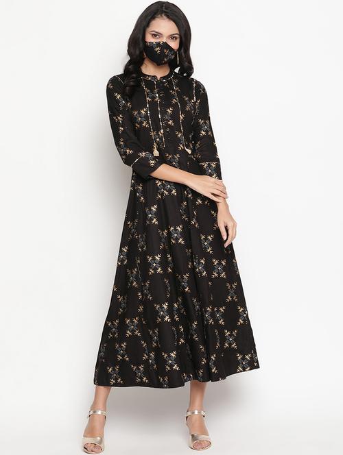 black viscose aline ethnic dress - 20172545 - Very Small Image - 1