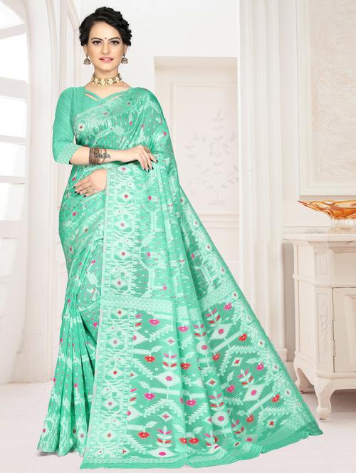 turquoise cotton jamdani saree with blouse - 20173175 - Very Small Image - 1