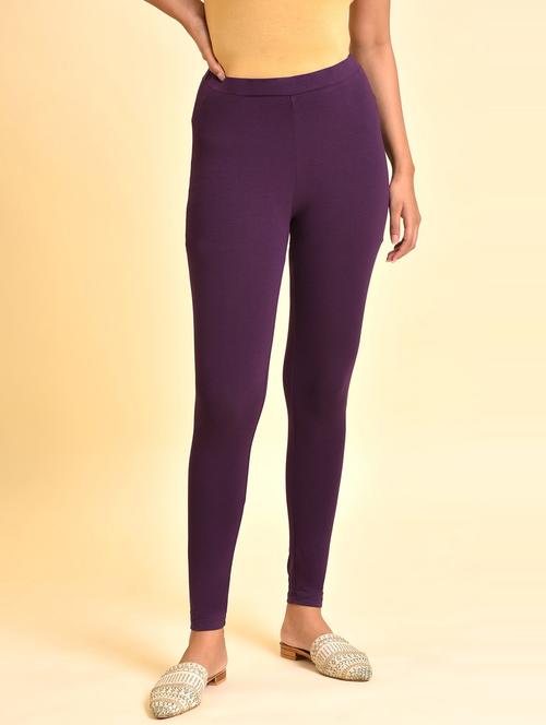 purple solid ankle length leggings - 20175109 - Very Small Image - 1