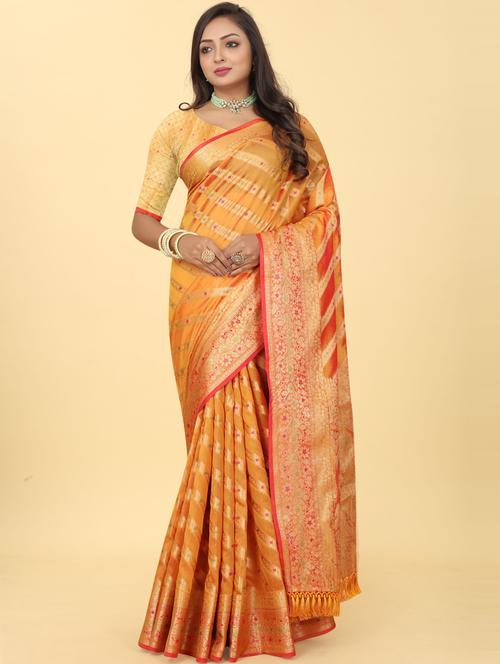 yellow self design banarasi saree with blouse - 20178843 - Very Small Image - 1