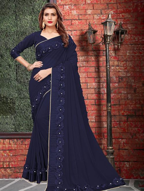 women's bordered navy blue colored saree with blouse - 20181737 - Very Small Image - 1