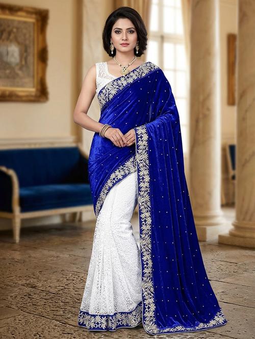 White & Blue Self Design Velvet Saree With Blouse - 20183633 - Very Small Image - 1