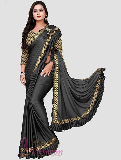 women's bordered steel colored saree with blouse - 20183792 - Very Small Image - 1