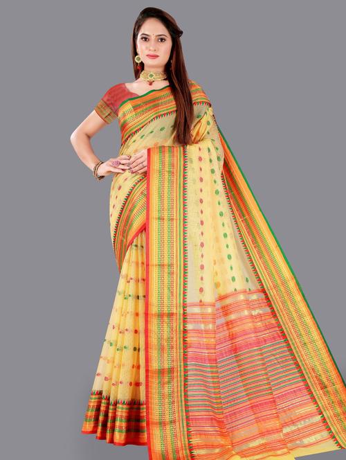 yellow self design jamdani saree with blouse - 20184312 - Very Small Image - 1