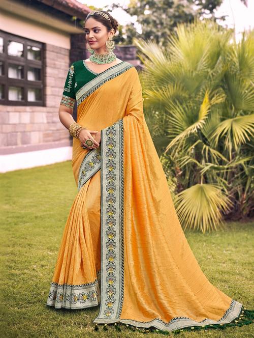 yellow self design bordered saree with blouse - 20184404 - Very Small Image - 1