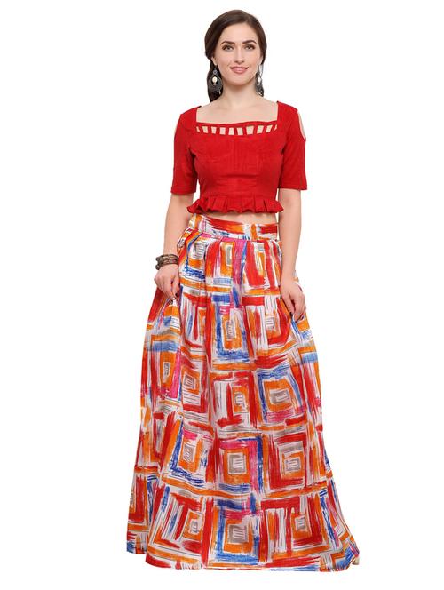 women red semi-stitched flared lehenga - 20184472 - Very Small Image - 1