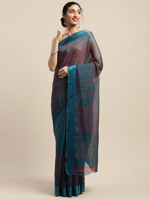 women's geometric indigo colored saree with blouse - 20185564 - Very Small Image - 1