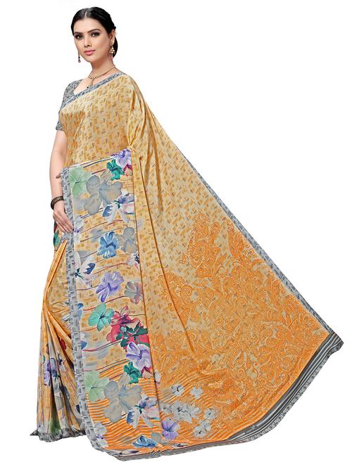 yellow self design printed saree with blouse - 20185607 - Very Small Image - 1