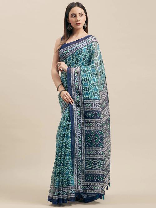 women's printed blue colored saree with blouse - 20185632 - Very Small Image - 1