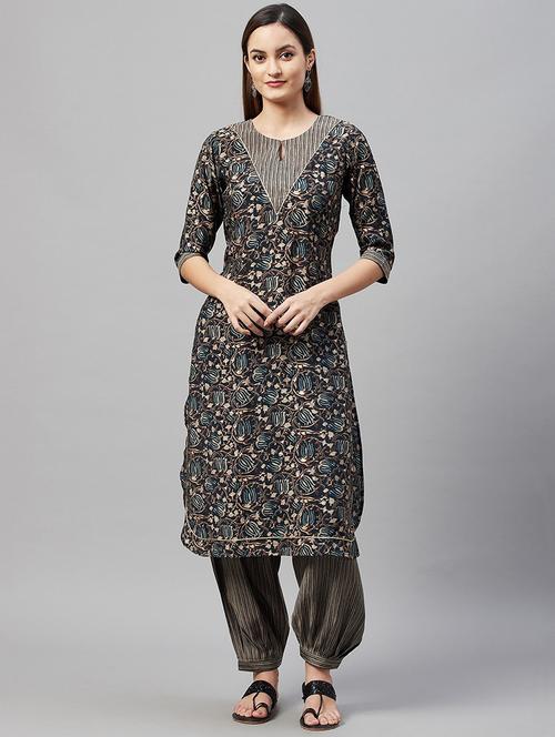 black key hole neck kurta salwar set - 20185935 - Very Small Image - 1
