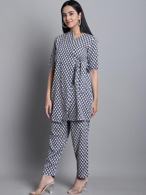 blue printed v neck co-ord set - 20187973 - Very Small Image - 1