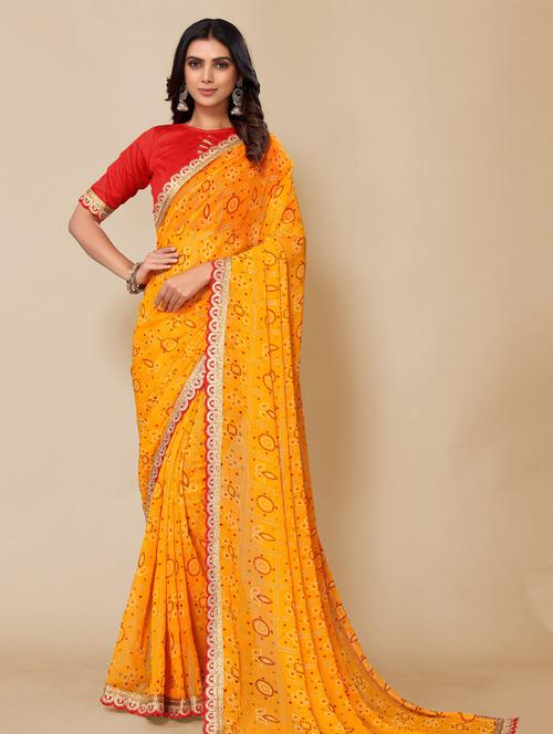 yellow georgette bandhani saree with blouse - 20190323 - Very Small Image - 1