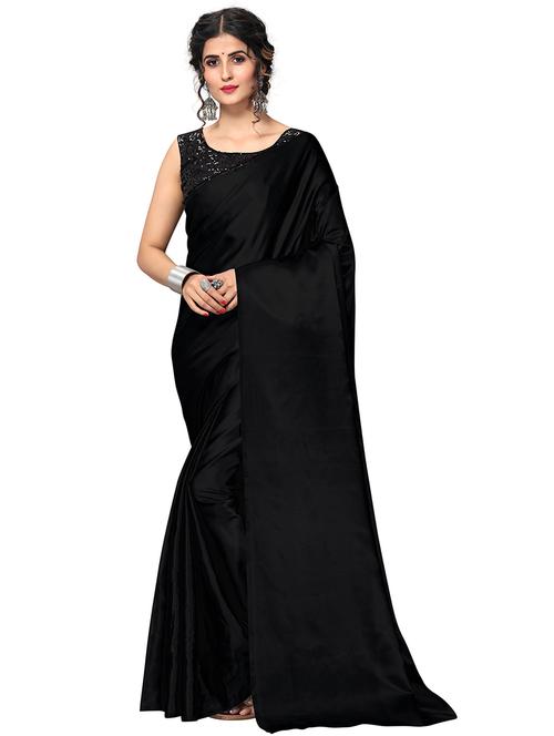 women's solid black colored saree with blouse - 20191154 - Very Small Image - 1